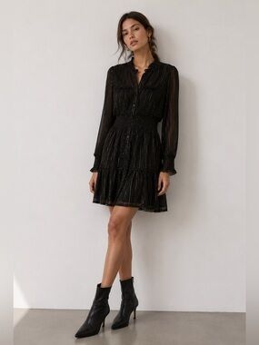 Guillaume Black Metallic Thread Long Sleeve Mini Dress XS